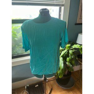 80s Teal 100% Silk Short Sleeve Pullover Top with Shoulder Pads